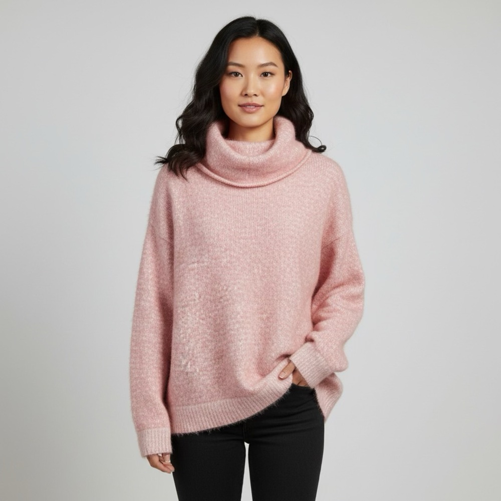Soft Pink Cowl Neck Knit Sweater Oversize Fuzzy Top Faux Fur XXL Ribbed Waist